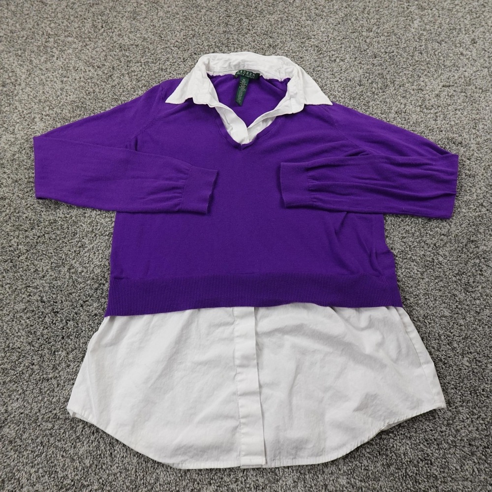 Ralph Lauren Sweater Womens M Purple Blue Collared Layered Shirt Pullover V Neck